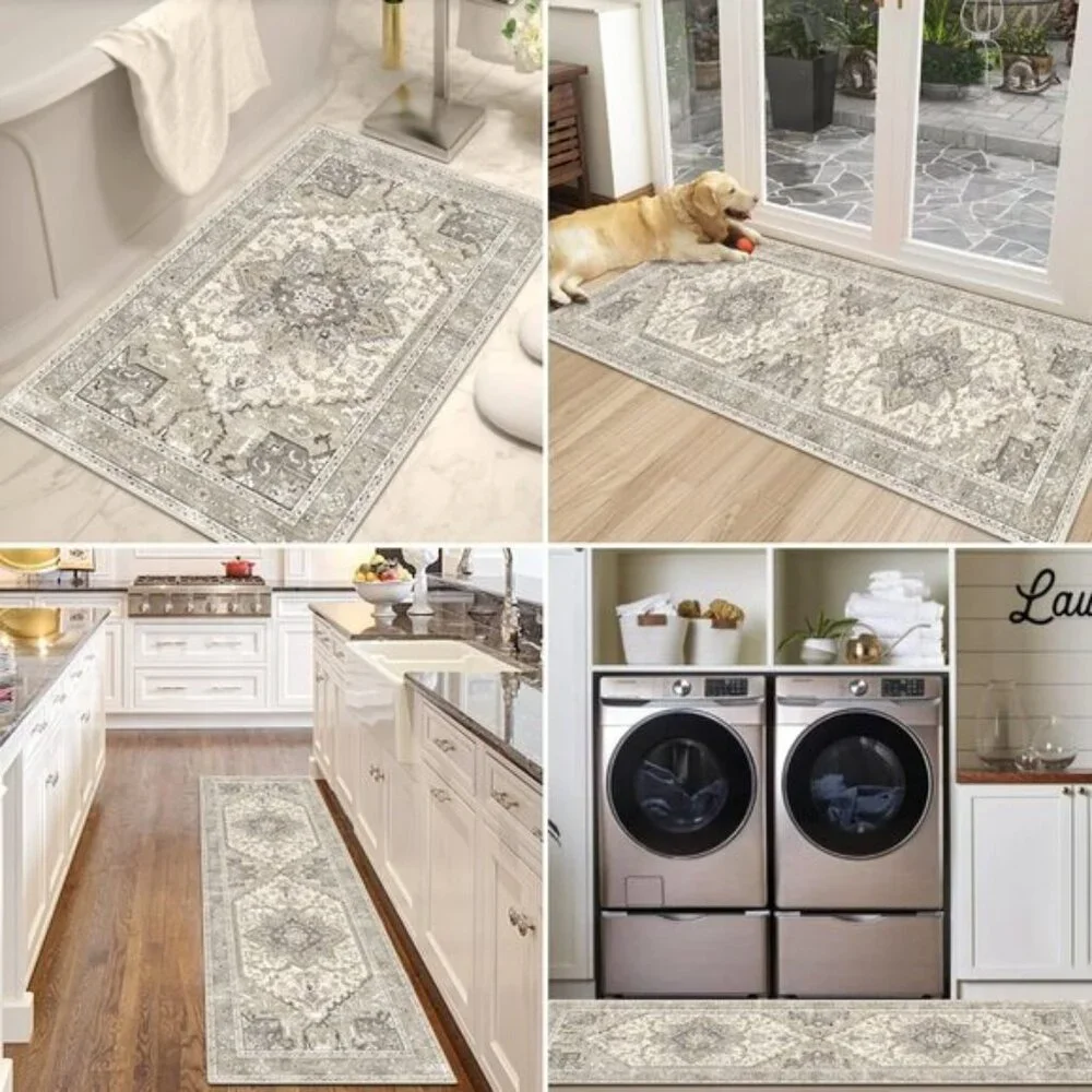 New 3-Piece Kitchen Rug Set, Washable Non-Slip Mats with Rubber Back, Beige/Grey